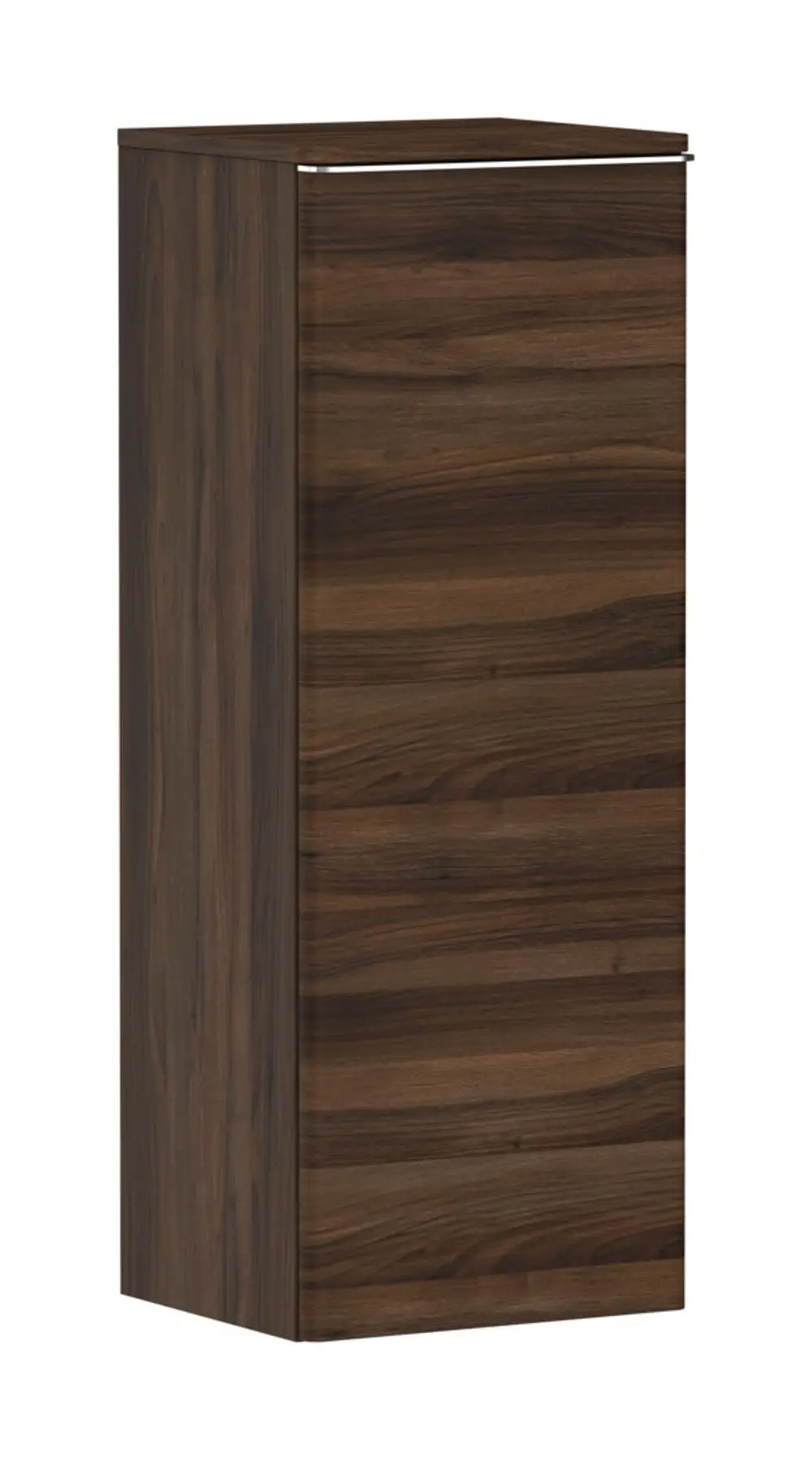 Dunkler, rechtsanschlagender Hochschrank mit holzähnlicher Oberfläche, möglicherweise von Hansgrohe, in schlichtem Design und rechteckiger Form.